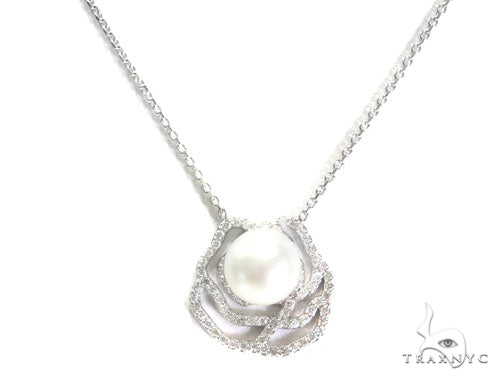 14K white gold rose pendant necklace with prong-set diamonds