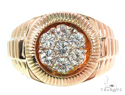 Rose gold men's solitaire ring with cluster diamond setting and textured band
