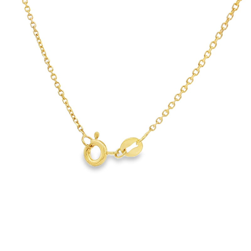 Delicate gold chain necklace with small white pearl and round clasp closure.