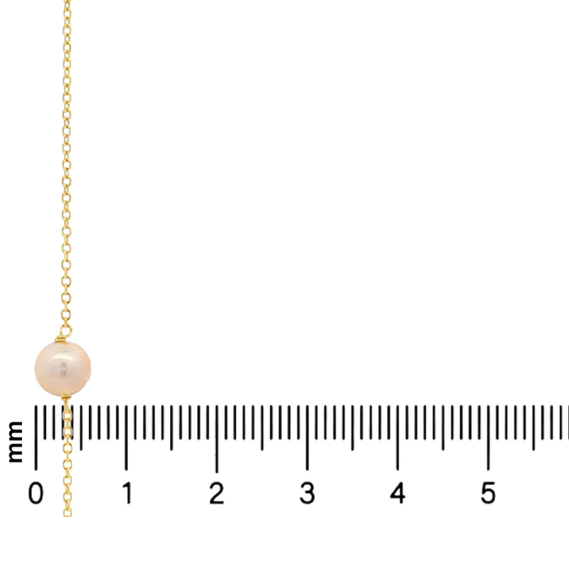 Delicate gold chain necklace featuring a single round rose pearl pendant on a white background with ruler.