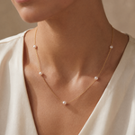 Delicate gold chain necklace with evenly spaced small round white pearls on neck.