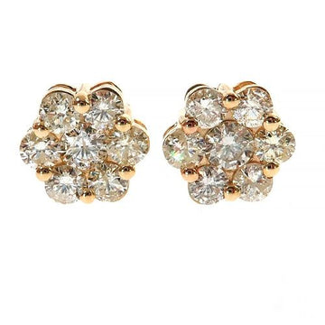 Yellow gold round cut diamond cluster flower stud earrings in floral design.