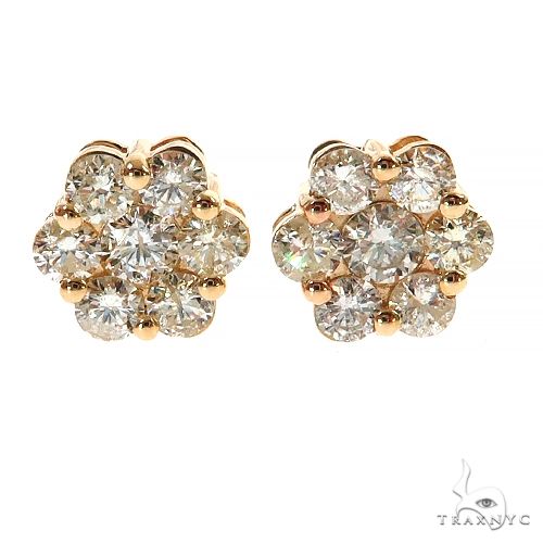Yellow gold round cut diamond cluster flower stud earrings in floral design