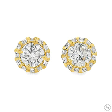 Round diamond stud earrings in yellow gold with baguette accent stones, front-facing view