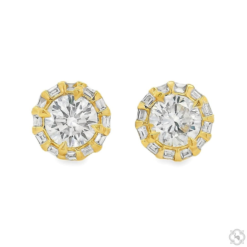 Round diamond stud earrings in yellow gold with baguette accent stones, front-facing view