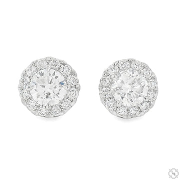Round halo diamond stud earrings in white gold – front-facing view showing center stone and accent halo