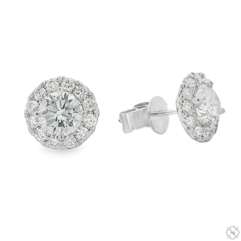 White gold round diamond stud earrings with halo setting for men and women