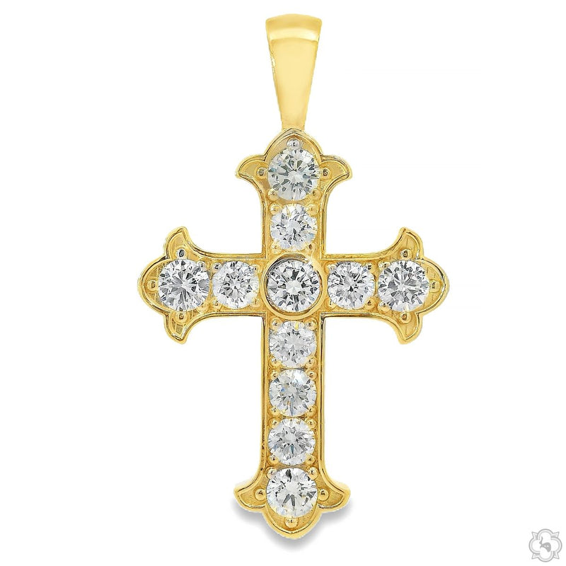 Yellow gold cross pendant with round diamonds in ornate design for men
