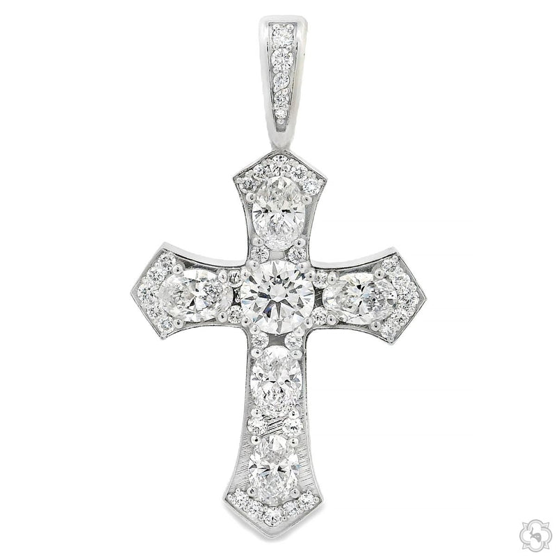 Diamond cross pendant in white gold – fully iced round-cut stones, front view
