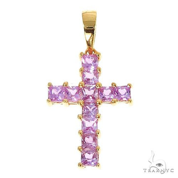 Yellow gold men's cross pendant set with square pink gemstones.