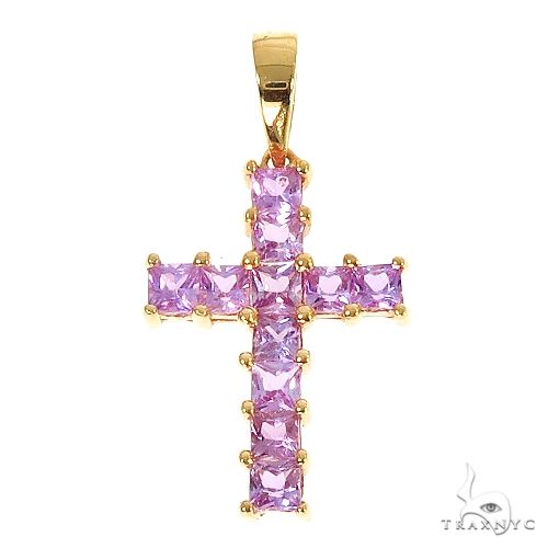 Yellow gold men's cross pendant set with square pink gemstones
