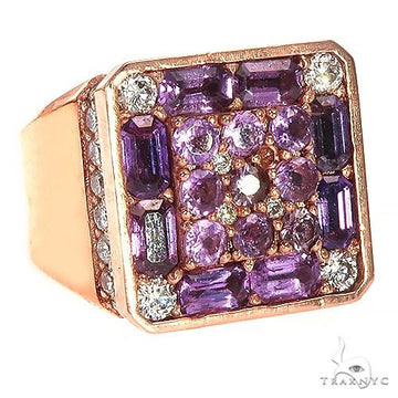 Rose gold pinky ring with square-cut purple sapphires and round diamonds.