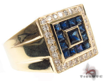 Yellow gold men's pinky ring with square sapphire center and diamond halo