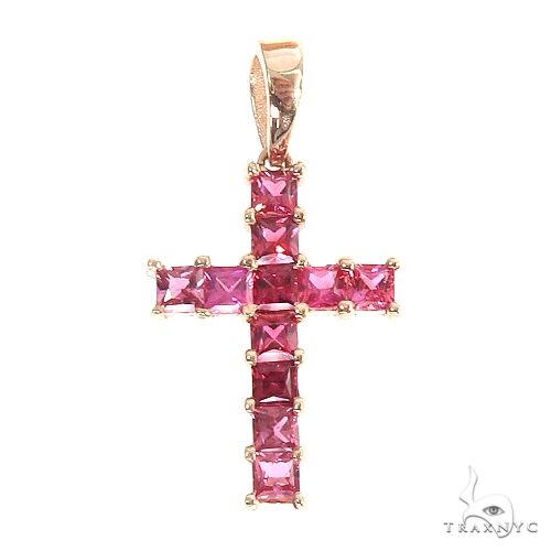 Rose gold men’s cross pendant with ruby princess cut stones in a grid setting