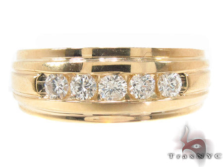 Yellow gold men's ring with five round diamonds in a row, polished band design