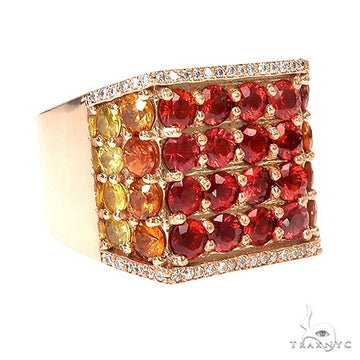 Yellow gold men's ring with square face featuring red, orange, and yellow sapphires and diamond border.