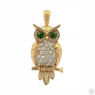 14K Gold Sapphire-Eyed Owl Diamond Pendant