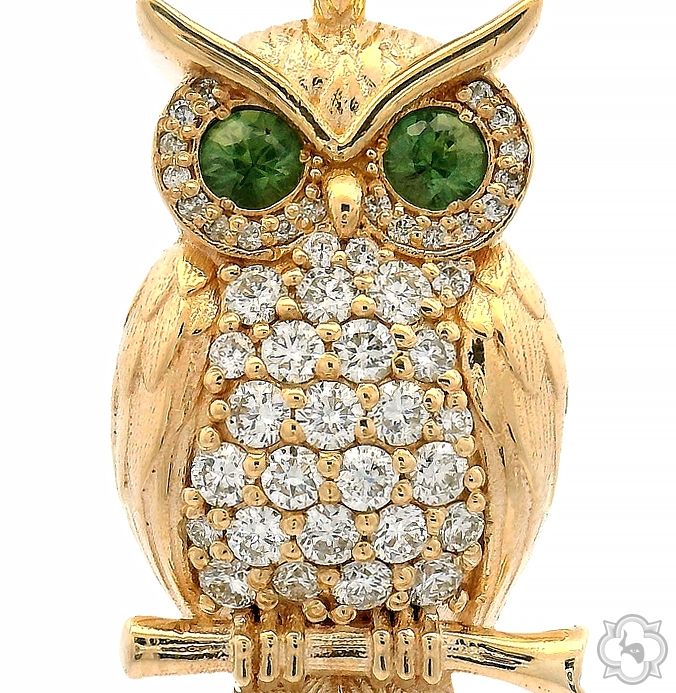 14K Gold Sapphire-Eyed Owl Diamond Pendant, photo 2 of 8