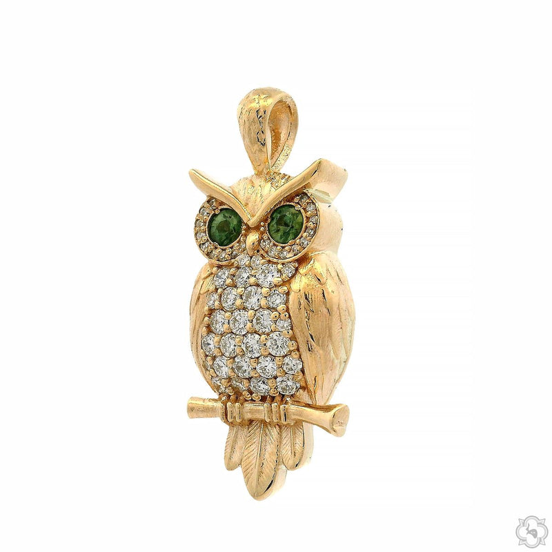 14K Gold Sapphire-Eyed Owl Diamond Pendant, photo 4 of 8