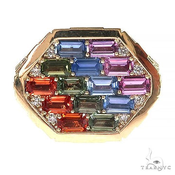 Gold hexagon ring with multicolored sapphire baguette gems and small round diamonds.
