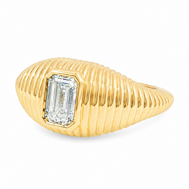 bezel set Diamond pinky signet ring in 14K gold featuring a 0.70 carat emerald-cut lab grown diamond