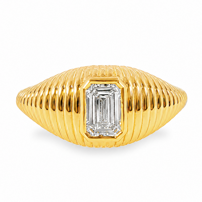 bezel set Diamond pinky signet ring in 14K gold featuring a 0.70 carat emerald-cut lab grown diamond