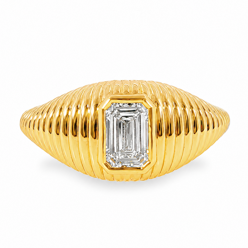 bezel set Diamond pinky signet ring in 14K gold featuring a 0.70 carat emerald-cut lab grown diamond
