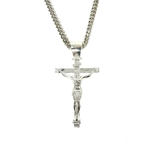 Silver crucifix pendant with detailed Jesus on a thick Miami Cuban chain necklace