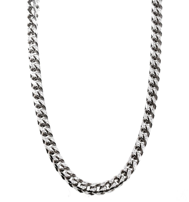 Sterling silver Franco pave chain 3.8mm 24 inches — micro-pave set links, four-sided braid, close-up front view