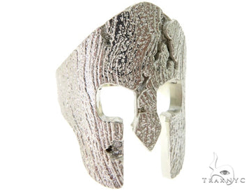 mens sterling silver prong diamond ring with Spartan mask sculpt – front three-quarter view