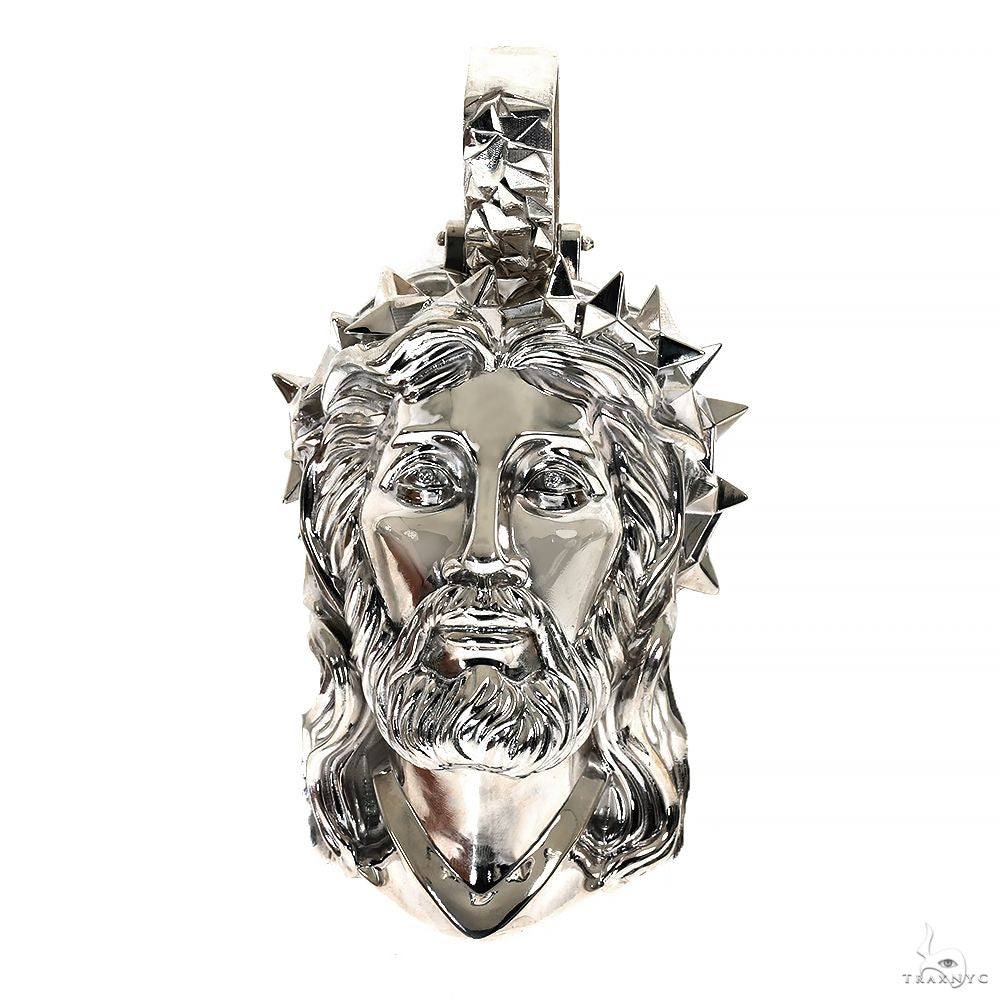 Silver Spikes Crown Jesus Head Pendant, XL | TraxNYC
