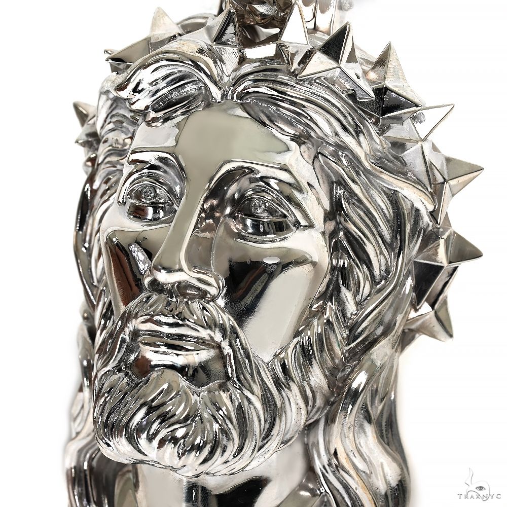 Silver Spikes Crown Jesus Head Pendant, XL | TraxNYC