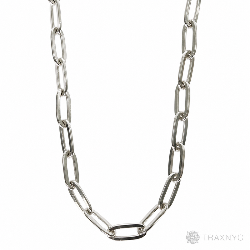 Silver solid paper clip link chain with 5.7mm rectangular links, 24 inches long.
