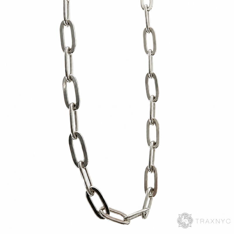 Silver solid paper clip link chain with 5.7mm rectangular links, 24 inches long.