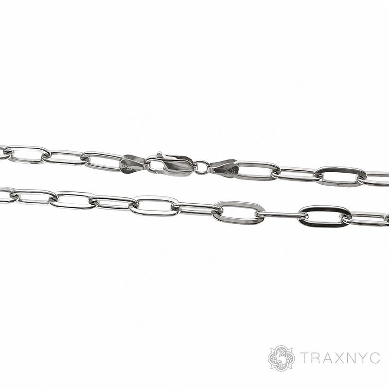 Silver solid paper clip link chain with 5.7mm rectangular links, 24 inches long.