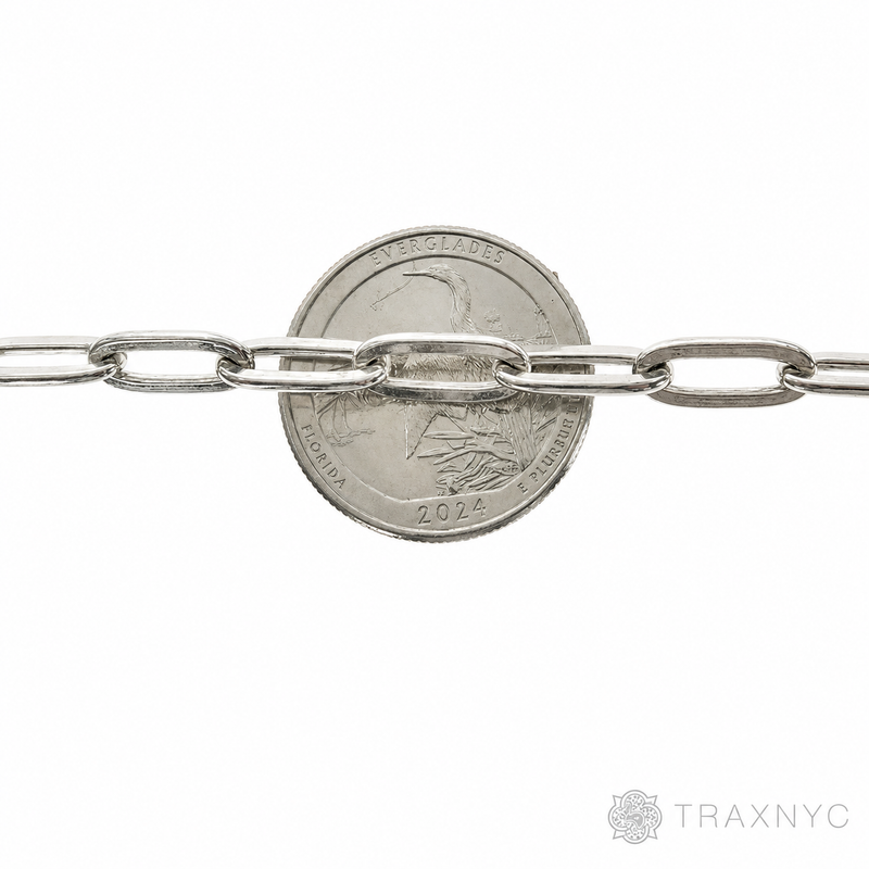 Silver solid paper clip link chain with 5.7mm rectangular links, 24 inches long.