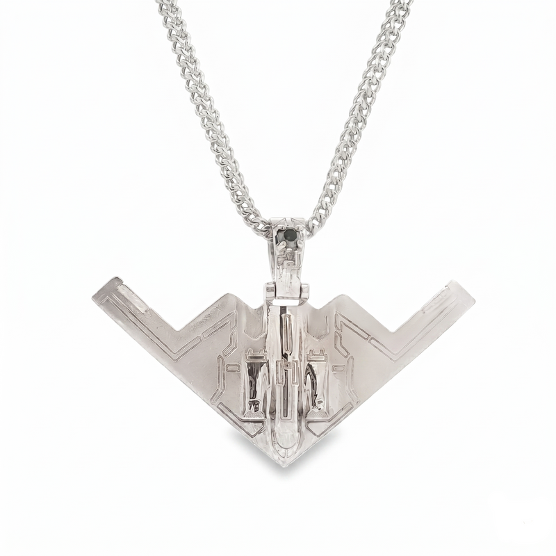 Silver B-2 bomber aircraft pendant with detailed wings on a silver chain necklace.