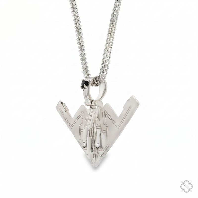 Silver B-2 bomber pendant with black diamond detail on silver chain necklace.