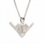 Silver B-2 bomber pendant with black diamond details on a matching silver chain.