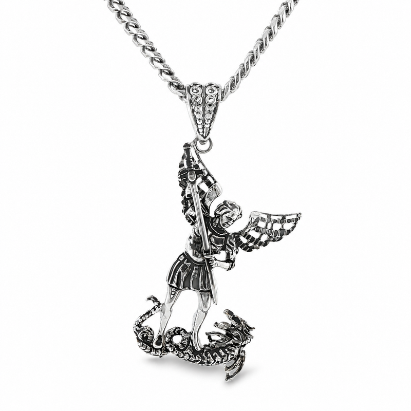 Silver Saint Michael Pendant & Miami Cuban chain set 71780