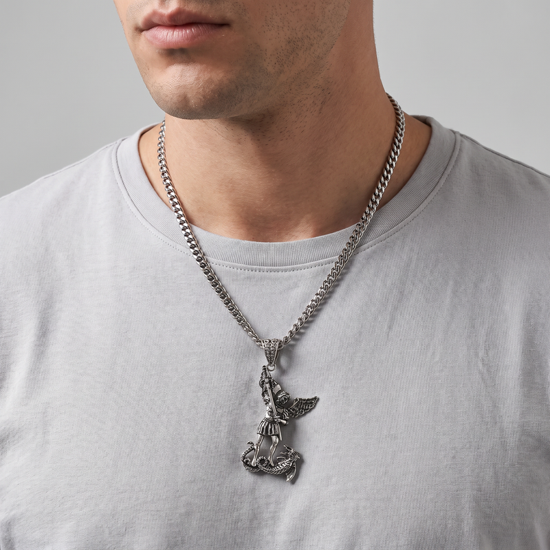 Silver Saint Michael Pendant & Miami Cuban chain set 71780