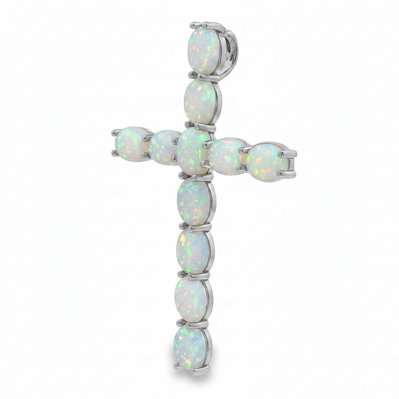 Silver cross pendant set with opal stones in prong settings