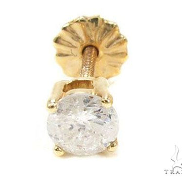 Single prong round diamond stud earring in yellow gold setting with screw back closure.