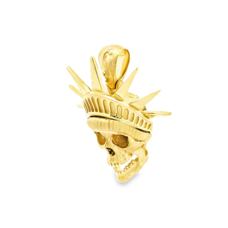 Yellow gold men's pendant shaped like a skull wearing a Liberty-style crown with spikes.