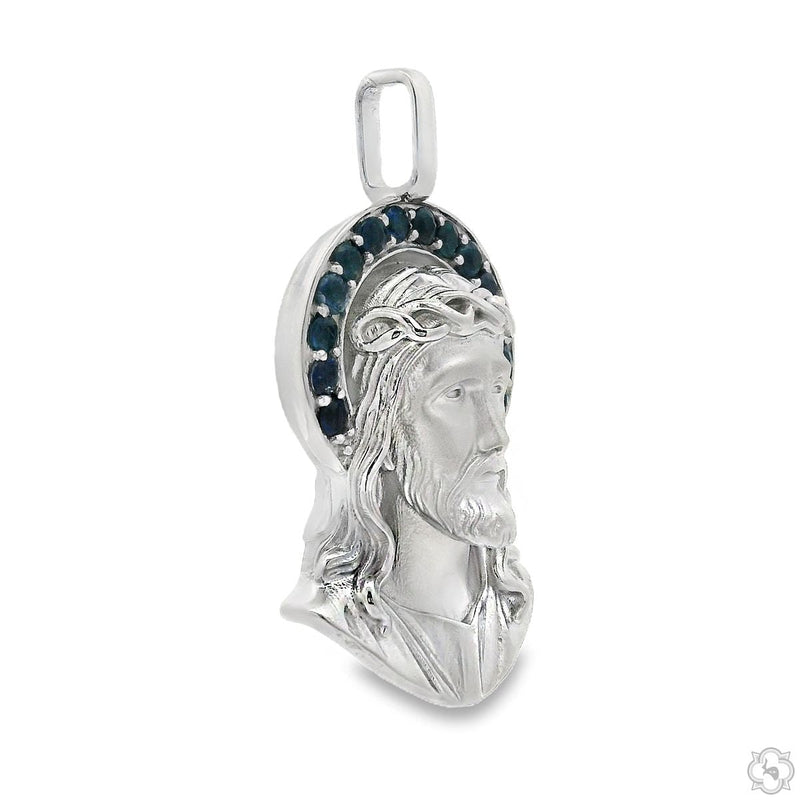 Sapphire Halo Silver Jesus Pendant, photo 3 of 8