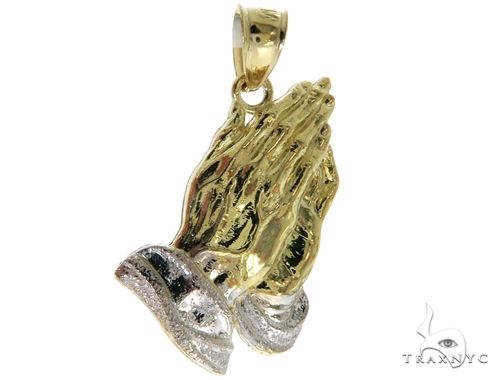 Small two-tone gold men's pendant featuring praying hands design with silver accents