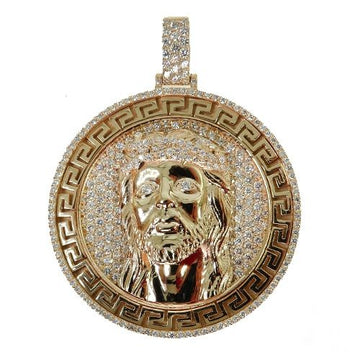 Diamond Jesus pendant with Greek motif relief face, medium size, set with round diamonds – front view