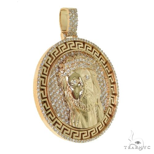 Small round rose gold Jesus pendant with diamond pavé and Greek key border design