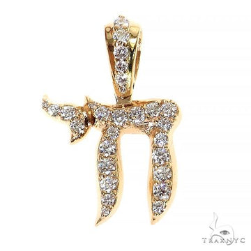 Small yellow gold Jewish Chai pendant encrusted with round brilliant diamonds.