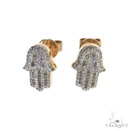 Yellow gold Hamsa stud earrings with micro pave diamonds on front surface.